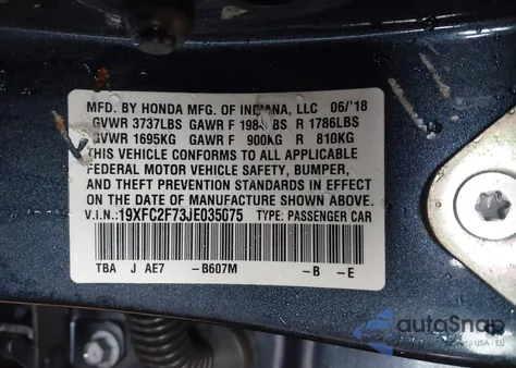 2018 Honda Civic Ex z USA, uszkodzony, nr VIN 19XFC2F73JE035075